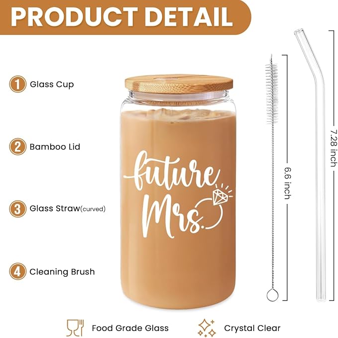 SANDJEST Future Mrs Glass Coffee Cup 16 Oz with Bamboo Lid and Straw - Bridal Shower Gift - Engagement & Bachelorette Gifts for Bride