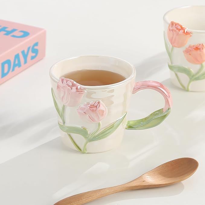 Espresso Cup11.8oz Funny Ceramic Coffee Mug for Women, Handmade Cute Tea Cup, Unique Gift for Mom Wife Best Friend, Home Office Use, Pink - Image 3