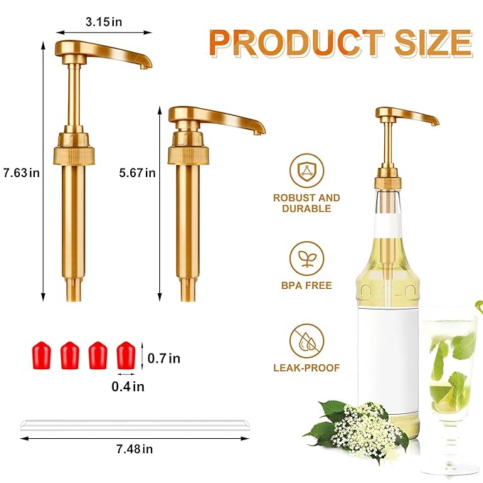 12 Pcs Syrup Pump, Gold Coffee Syrup Pumps with 20 Pcs Red Lid, Coffee Syrups Dispenser for Bottles, Drinks, Dessert, Tea(750 ML 25.4 OZ Bottles)