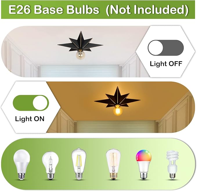 16 inch Flush Mount Ceiling Light, Industrial Black Metal Star Ceiling Lights, Vintage Entryway Light Fixtures, Farmhouse Star Lighting for Hallway, Porch, Study, Bedroom, Stair, Kitchen, Bathroom - Image 3