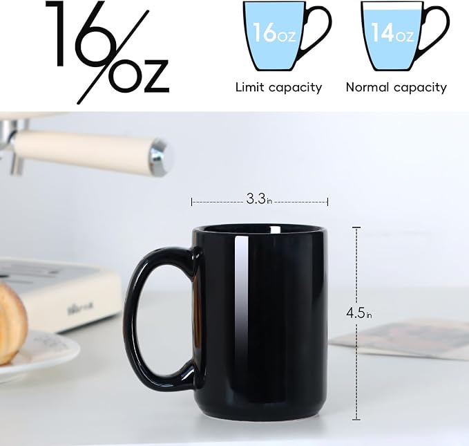 16 OZ Coffee Mug, Classic Blank Ceramic Cup with Large Handle for Tea Latte Cappuccino, Black - Image 2