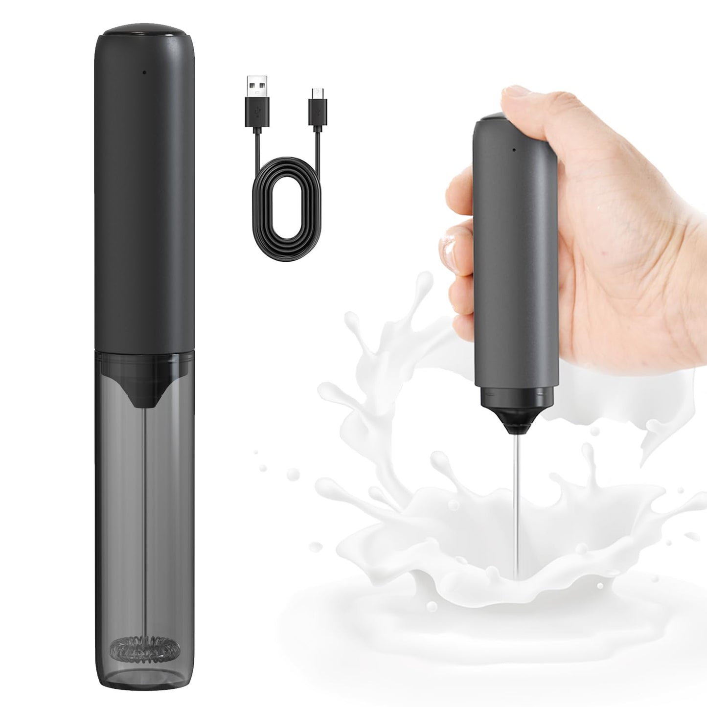 Rechargeable 3-Speed Milk Frother Wand (Black)