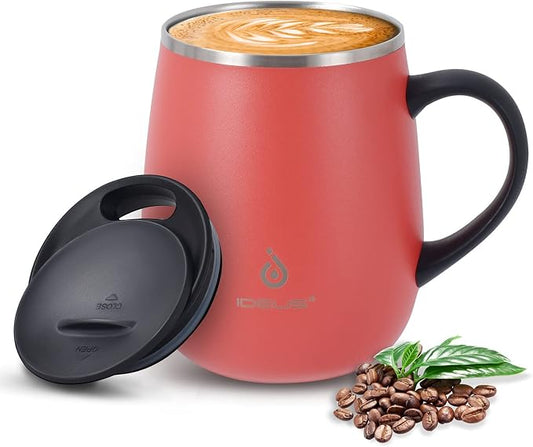 Ideus 16 oz Insulated Coffee Mug with Handle and Lid, Double Wall Stainless Steel Vacuum Thermal Coffee Mug, Travel Coffee Cup Thermal Cup for Home and Office, Jellyfish Red by IDEUS
