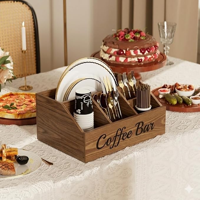 2 Pack Coffee Station Organizer for Countertop – Wooden Coffee Bar Organizer with Adjustable Dividers,Holds K Cup Pod & syrup bottles, for Kitchen, Office, or Bar and Tea Station, Brown - Image 5