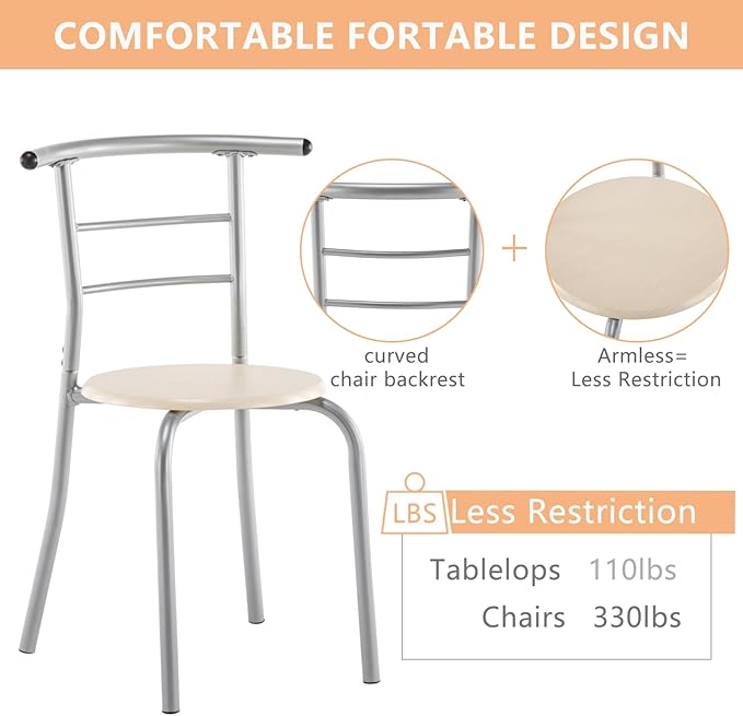 VINGLI 3 Piece Dining Set, Small Kitchen Table Set for 2, Breakfast Table Set, Kitchen Wooden Table with 2 Chairs for Small Space/Dining Room/Apartment, Metal Frame, Wine Rack, Beige - Image 6