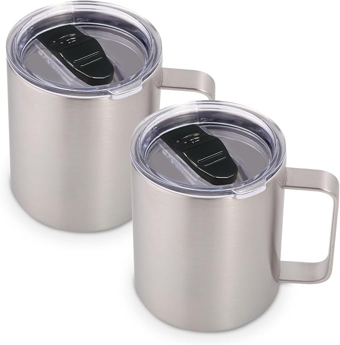 Volhoply 14oz Insulated Stainless Steel Coffee Mug with Lid Bulk 2 Pack,Double Wall Vacuum Travel Coffee Cup with Handle,Reusable Metal Cups Tumbler,Camping Mugs Keep Hot,Ideal Gifts(Silver,2) by LiveFully%EF%BC%8CDrinkFreely%E2%80%94KeepGoingwithVolhoply%EF%BC%81