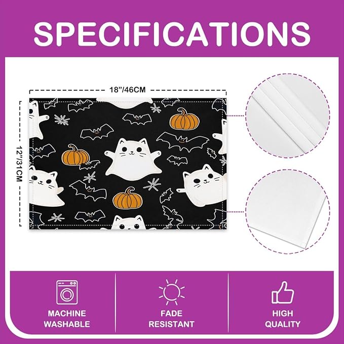 Feelyou Happy Halloween Placemats Set of 4 Cute Ghost Cat Table Mats Orange and Black Place Mat for Kitchen Dining Table Party Decor Indoor Outdoor 18"x12" Non-Slip Easy to Clean Pumpkin Lantern Bats - Image 4