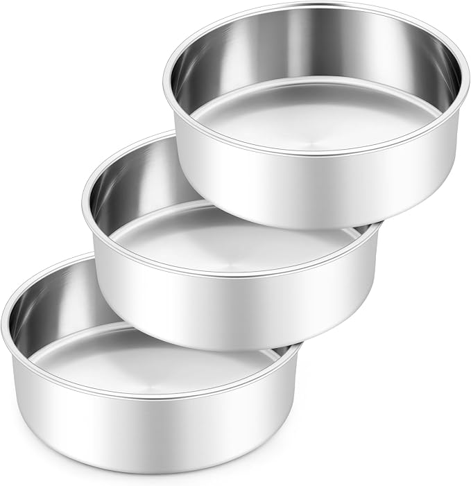 Leonyo 8 Inch Cake Pan, Stainless Steel Circle Baking Pans Set, 3 Pieces Round Layer Cake Tin for Wedding Birthday, Even Heating, Non Toxic & Healthy, Heavy-Duty, Dishwasher Safe by Leonyo