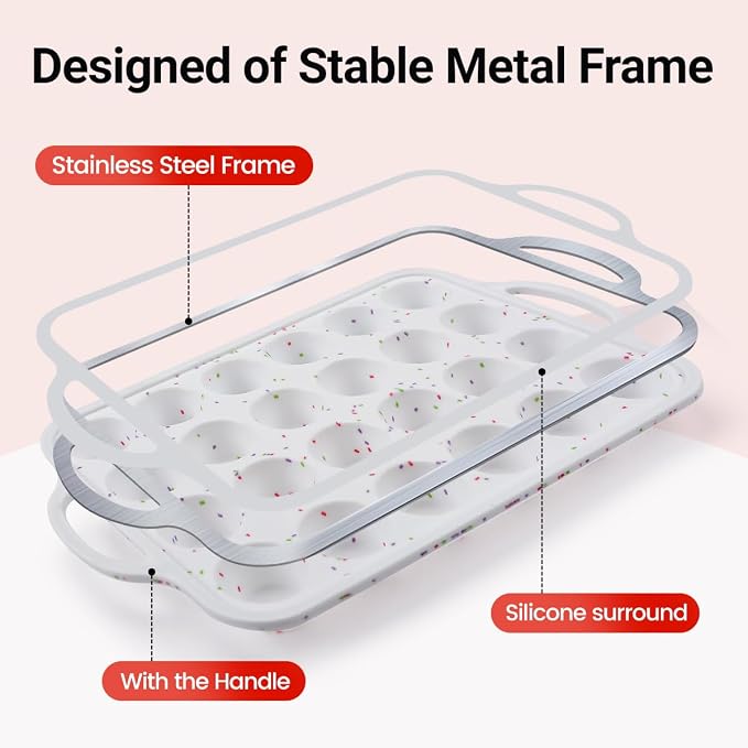 CAKETIME Silicone Mini Muffin Pan, Metal Reinforced Frame 24 Cups Cupcake Pan with Handle Nonstick for Baking Muffins, Cupcakes, Egg Bites - Image 2