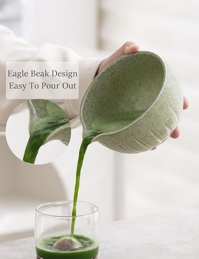 TANG PIN Matcha Set - Match Bowl with Spout and Whisk, 15 OZ, Matcha Scoop | Matcha Whisk Stand (Chasen Holder) - 4pc Perfect Matcha Kit for Matcha Tea Ceremony (Mottled Green)