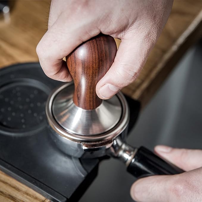 Coffee Tamper Espresso Press with Tamper Mat 304 Stainless Steel Flat Base Wooden Handle for Coffee Grounds Barista Espresso Machines Accessory (58MM)