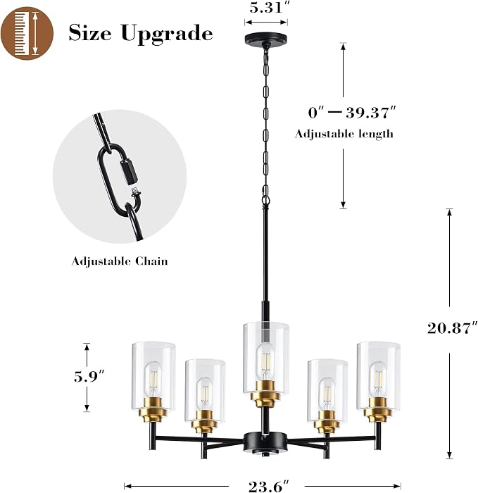 Kitchen Island Lighting - 5 Lights Modern Glass Chandelier for Dining Room, Farmhouse Pendant Light Over Table for Foyer Living Room Bedroom (Black and Gold) - Image 4