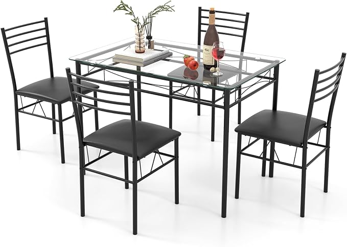 Giantex 5 Piece Dining Table Set, Kitchen Dining Set with Tempered Glass Table Top and 4 Upholstered Chairs, Dinette Set for 4 for Breakfast Nook Dining Room Kitchen (Black) by Giantex