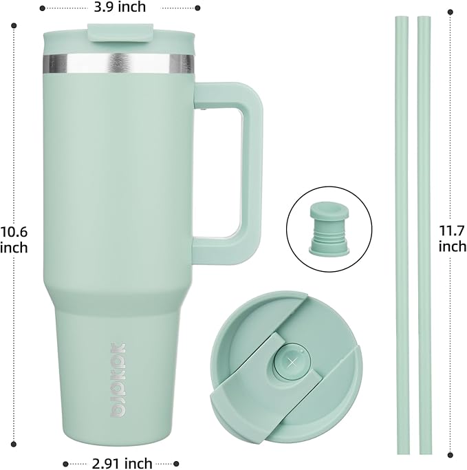 BJPKPK 40 oz Insulated Tumbler with Handle & Straw, Stainless Steel | Double Wall Vacuum Insulation, Leak Proof, BPA Free, Dishwasher Safe, Cupholder Friendly, Travel & Outdoor, Pistachio Green - Image 3