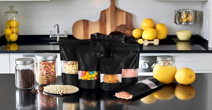 Motomy 100Pcs 5.5x7.8 Inch Stand Up Pouches Black Mylar Bags | Zipper Food Storage Coffee Snacks Baked Food Packaging for Small Business - Image 6