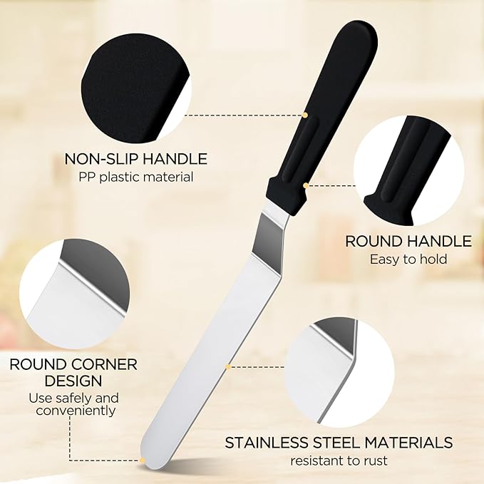 3 Black 6 8 & 10 Inch Stainless Steel Icing Spatulas - Offset Spatula for Cake, Butter, and Cake Flour - Durable Metal Spatula for Baking Enthusiasts, Use for Home, Kitchen or Bakery