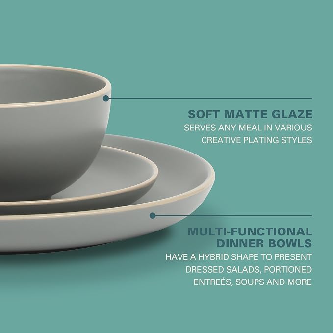 Gibson Home Rockaway 12-Piece Stoneware Dinnerware Set, Matte Finish, Service for 4, Modern Ceramic Plates and Bowls, Microwave & Dishwasher Safe – Soft Gray - Service for 4 - Image 3