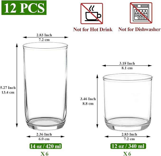 Kyraton Drinking Glasses Set of 12, PET Clear Plastic Highball Glasses 14oz & Whisky Cocktail Glasses Set 11.5oz, Heavy Duty Unbreakable Water Glasses Cup Tumbler Glassware for Beer, Juice, Milk - Image 2