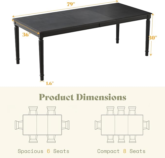 AMERLIFE 79" Farmhouse Solid Wood Dining Table with Roman Legs, Grey | Large Rectangular Tabletop, Roman Conical Legs, Solid Wood Construction, Seating for 6 to 8 - Image 2
