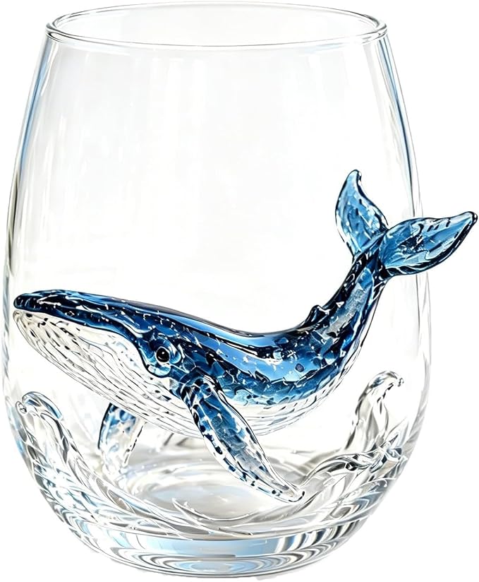 Handcrafted 3D Sea Turtle Stemless Wine Glass | Artisanal Ocean Theme Borosilicate Glassware, Coastal Marine Animal Decorative Drinkware, Coastal Home Decor Gift(Whales) by Unknown