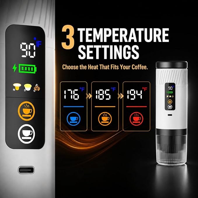 Portable Espresso Machine, 3-in-1 Self-Heating Coffee Maker, 290 PSI, USB-C | Self-heating 3-in-1 portable espresso maker for capsules & ground coffee, 290 PSI hot/cold brew, USB-C charging, Pure White - Image 2