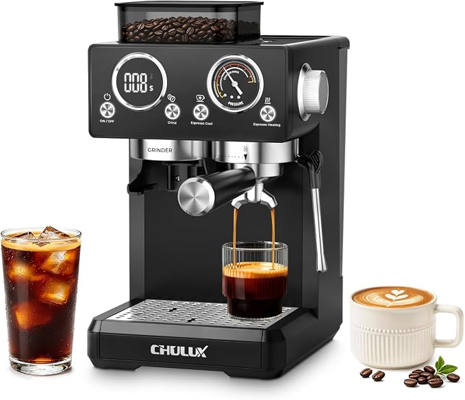 CHULUX Nero 20Bar Espresso Machine with Conical Burr Grinder for Cappuccino | Hot and Iced Espresso, 4-in-1 Brewing Function, Real-Time Pressure and Temp, Steam Wand for Microfoam, Home Barista Brewing by CHULUX