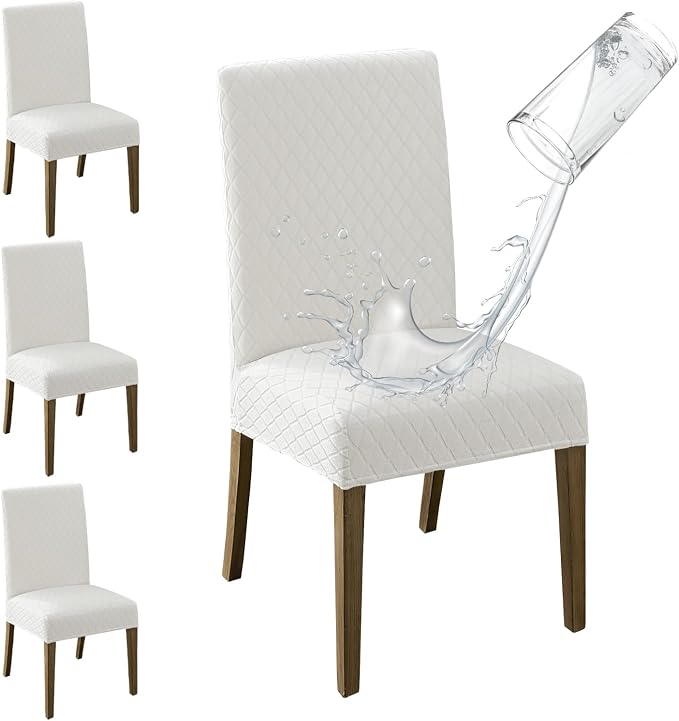 MOSAYT 100% Waterproof Dining Room Chair Covers Set of 4, Super Fit Stretch Jacquard Parson Chairs Slipcovers Removable Washable Chair Seat Protectors for Home, Kitchen, Banquet (White) by MOSAYT
