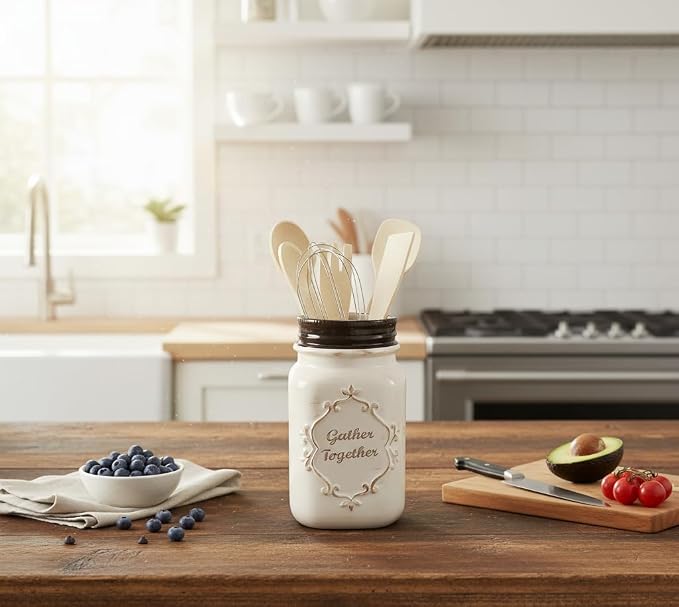 Young's Inc Farmhouse Ceramic Kitchen Tool Holder with Wooden Utensils, Decorative Gather Together Mason Jar Organizer for Kitchen Tools,10.5" - Image 2