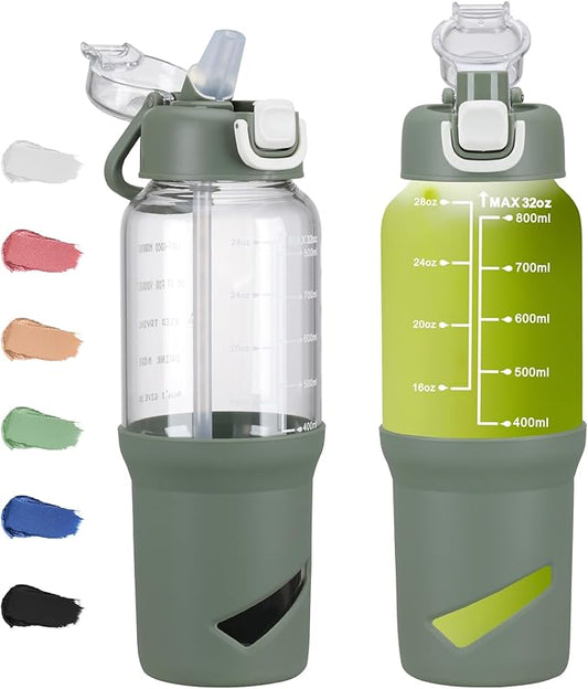 SIEROZUR 32 oz Glass Tumbler with Straw, Glass Water Bottles with 2 Lids-Handle Spout Lid & Straw Lid, 1 Liter Motivational Water Bottles, Silicone Sleeve, Fits Car Cup Holder,Olive