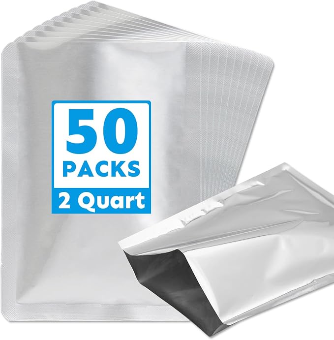 50 PCS 2 Quart Mylar Bags for Food Storage,8" x 12" Resealable Heat Seal Flat Pouches for Long Term Food Storage,Dried Food,Coffee Beans,Tea,Grains,BPA Free(No Zipper,Flat Bottom) by HomePage