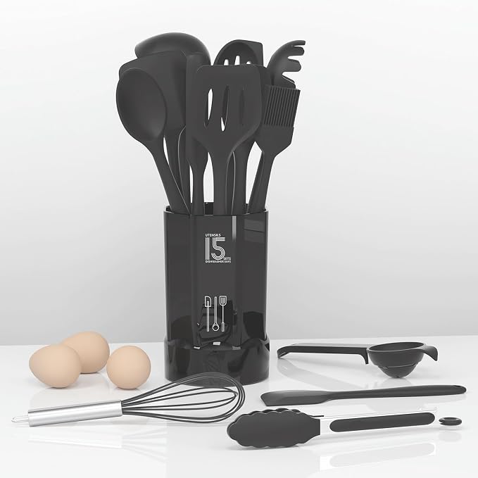 AOTHOD Silicone Cooking Utensils Set - 446°F Heat Resistant Kitchen Utensils,Spatula Sets,Turner Tongs,Spoon,Kitchen Utensil Gadgets Tools Set for Nonstick Cookware,Dishwasher Safe BPA Free (Gray) - Image 3