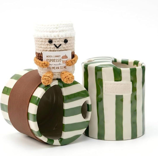 Coffee Lover Gift Set for Women Men, Ceramic Coffee Mug and Handmade Crochet Potato Partner Toy with Positive Card for Friends Teachers Staff Employees Volunteers Birthday Office Desk Decor by KOIMYSA