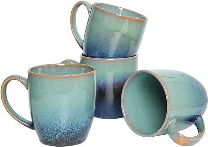 Bosmarlin Ceramic Coffee Mug Set of 4, 17 Oz, Coffee Cups with Big Handle, Microwave Safe, Unique Reactive Glaze(17 Oz, Pale Green) by Bosmarlin