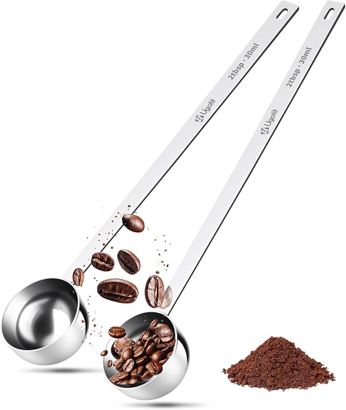 Ugotit Coffee Scoop for Ground Coffee, 304 Stainless Steel Long Handled Measuring Scoop Set, 2 Tablespoon Coffee Bean Scoop for Protein Powder, Tea, Baking (2pcs)