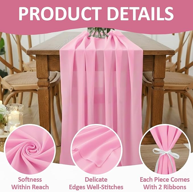 Pack of 15 | Rose Pink | 10ft Chiffon Table Runner 29x120 Inches Long Romantic Rustic Sheer Gauze Runner for Wedding Bridal Shower Birthday Banquets Engagement Spring Easter Boho Decorations - Image 5