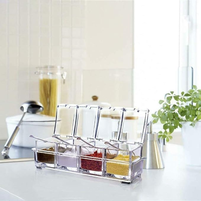Clear Seasoning Rack Spice Pots by AIQI - 4 Piece Acrylic Seasoning Box - Storage Container Condiment Jars - Cruet with Cover and Spoon - Image 6