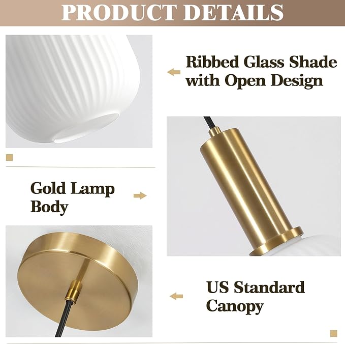 KCO Lighting Vintage Brass Gold 7.9” White Milk Ribbed Glass Pendant Light | E26 Base, Adjustable Cord for Sloped Ceilings, Mid Century Modern Hanging Light Fixture for Kitchen Island Dining Living Room - Image 3
