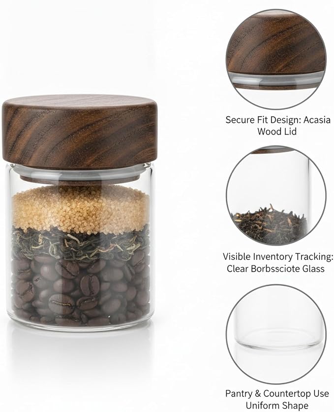 Glass Storage Jar with Acacia Wood Lid, Borosilicate Food Canister for Coffee Beans Tea Sugar Dry Pantry Staples (1 PC) - Image 6