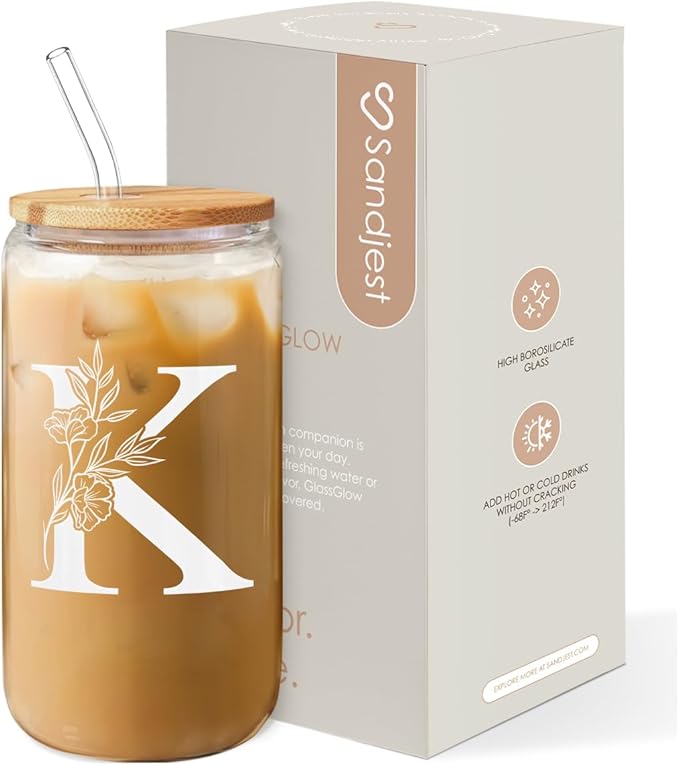 SANDJEST Monogrammed Gifts for Women - Monogram K Initial Glass Cup 16 Oz Can Coffee Cups with Lid and Straw - Monogram Initials Gifts for Womens on Birthday