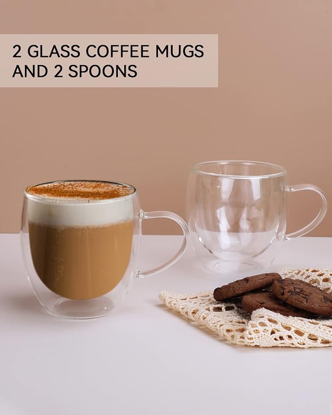 LIBWYS 2 Pack Double Walled Coffee Cups Glasses Mug, 8.5oz Borosilicate | Espresso Cappuccino Latte Tea Cups with Handle, Insulated Heat Resistant Clear Drinking Cups, Hot and Cold Beverages, 250ml - Image 2