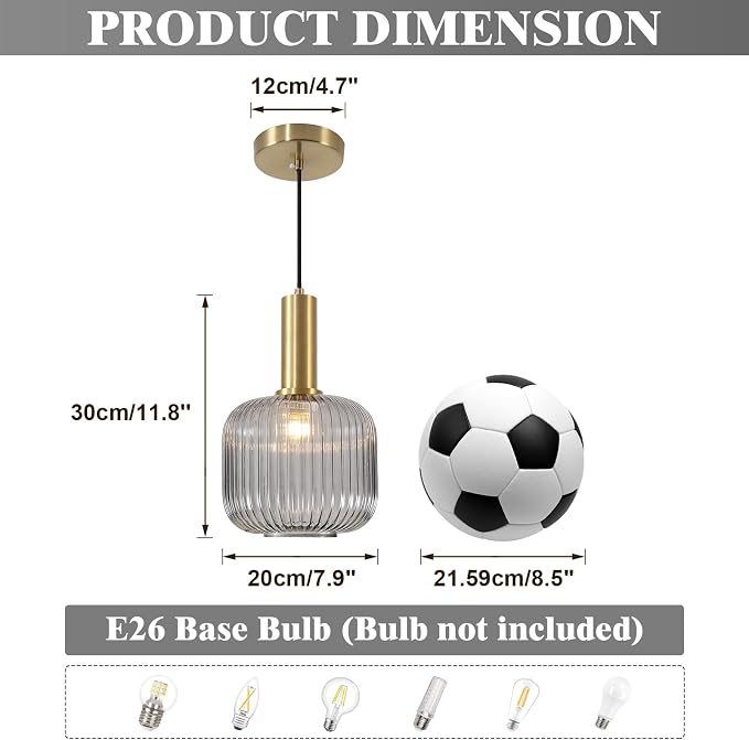 KCO Mid Century Modern Gold 7.9" Smoke Gray Ribbed Glass Pendant Light | E26 Base, Adjustable Hanging, Vintage Brushed Brass Hanging Light Fixture for Sloped Ceiling Kitchen Island Dining Room Bar - Image 2