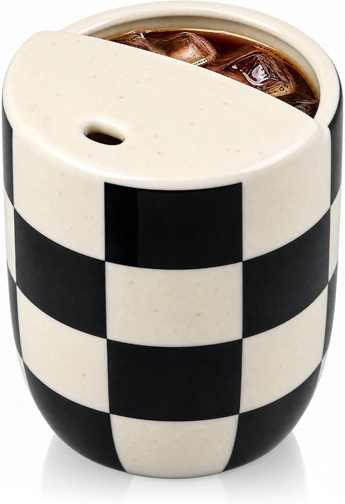 Ceramic Mug with Sip Hole 10 oz Novelty Checkered Coffee Mug | Hand Painted, Ceramic Cup, Heat Resistant, Non Slip, Built in One Lid Handcrafted Mugs for Coffee Lovers by Ferrochef