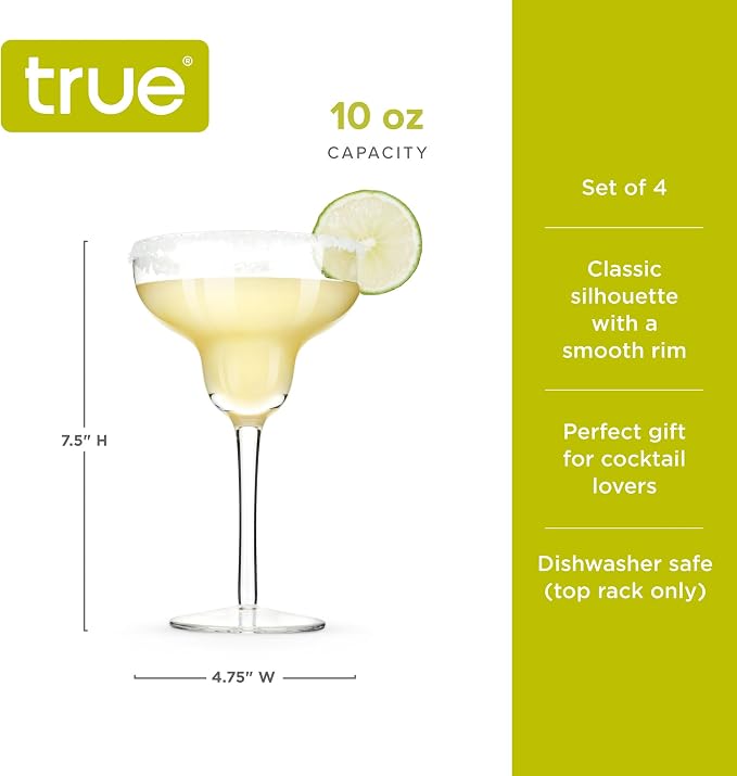 True Margarita Glass, Crystal Stemmed Cocktail Glasses, Dishwasher Safe, Mixed Drink Glasses, Daquiri Glass Holds 10 oz., Set of 4, Clear - Image 3