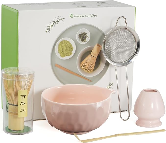 Matcha Whisk Set, 5 Pcs Matcha Kit with Ceramic Bowl (Chawan) with Spout, Bamboo Whisk, Scoop, Sifter, Holder & Tea Cloth – Japanese Matcha Tea Set for Ceremony, Latte & Gifting