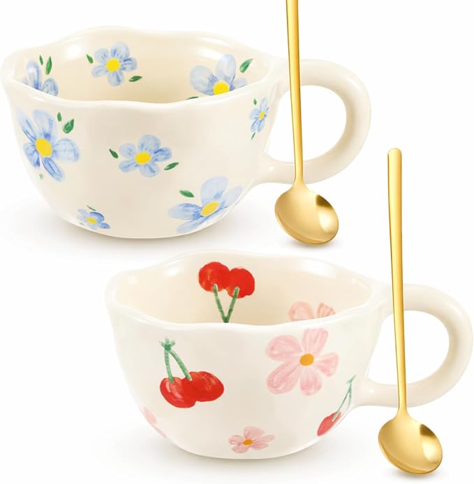 Vesici 2 Pcs Ceramic Coffee Mugs with Spoon, Vintage Floral Spring Mugs with Handle, 8.5 oz Aesthetic Flower Porcelain Tea Cup Set, Dishwasher & Microwave Safe Mothers Day Gifts for Mom(Lovely) by Vesici