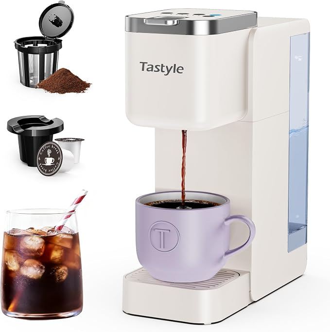 Tastyle Single Serve Coffee Maker for K Cups and Grounds with 3 Brew Styles | 40oz Removable Water Tank, 6 to 24oz Brew Size, Compact Design, Fits 7.3" Travel Mug, for Home, RVs and Office, K330IC, Beige by Tastyle