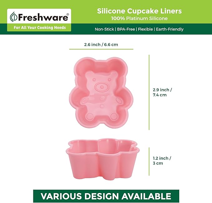 Freshware Cupcake Liners, Pack of 12 Silicone Muffin Cups, Reusable & Non-stick Cupcake Liners for Party Halloween Christmas, Bear