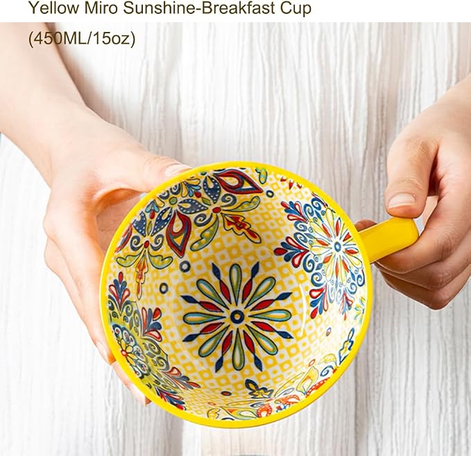 Yellow Ceramic Mug, Bohemian Hand-Painted, 15 Oz Large Coffee Cup for Milk, Tea, Breakfast, Dishwasher & Microwave Safe Cup - Image 6