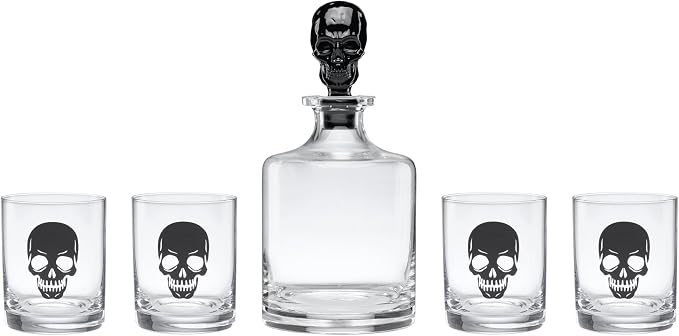 Oneida Vintro Halloween Skeleton 5-Piece Whiskey Glass Set | includes 4 double old fashioned glasses, 1 decanter | dishwasher safe | halloween party decor | 10.5 inch, 42oz by Oneida