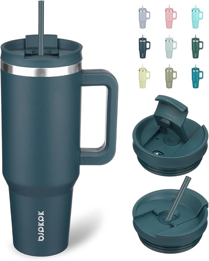 BJPKPK 40 oz Insulated Tumbler with Handle & Straw, Stainless Steel | Double Wall Vacuum Insulation, Leak Proof, BPA Free, Dishwasher Safe, Cupholder Friendly, Travel & Outdoor, Navy Blue by BJPKPK